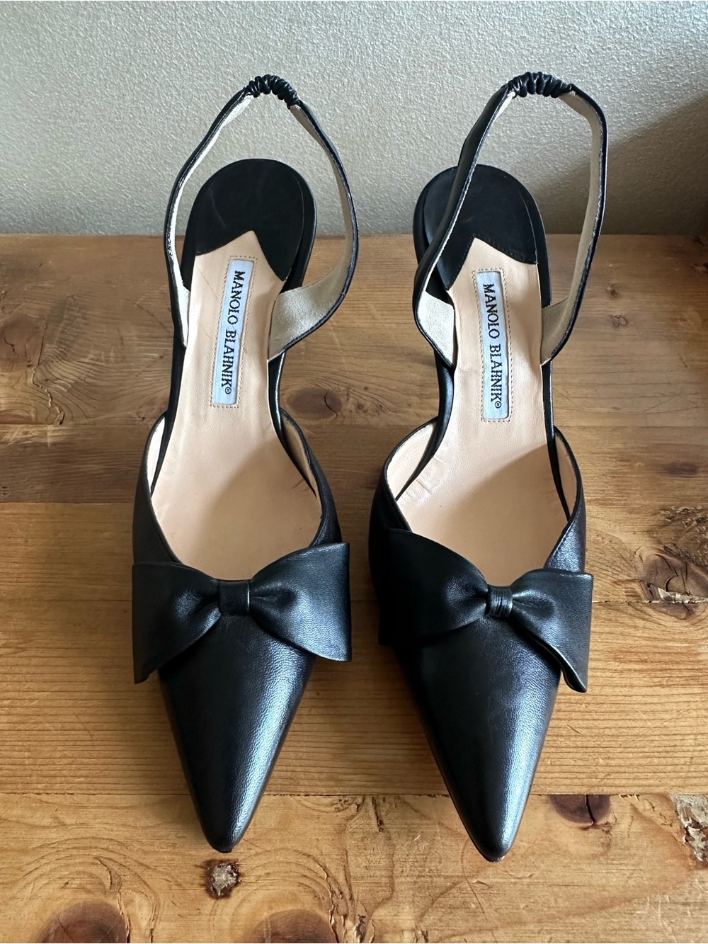 Manolo Blahnik Black Pointed Bow Slingback Pumps
